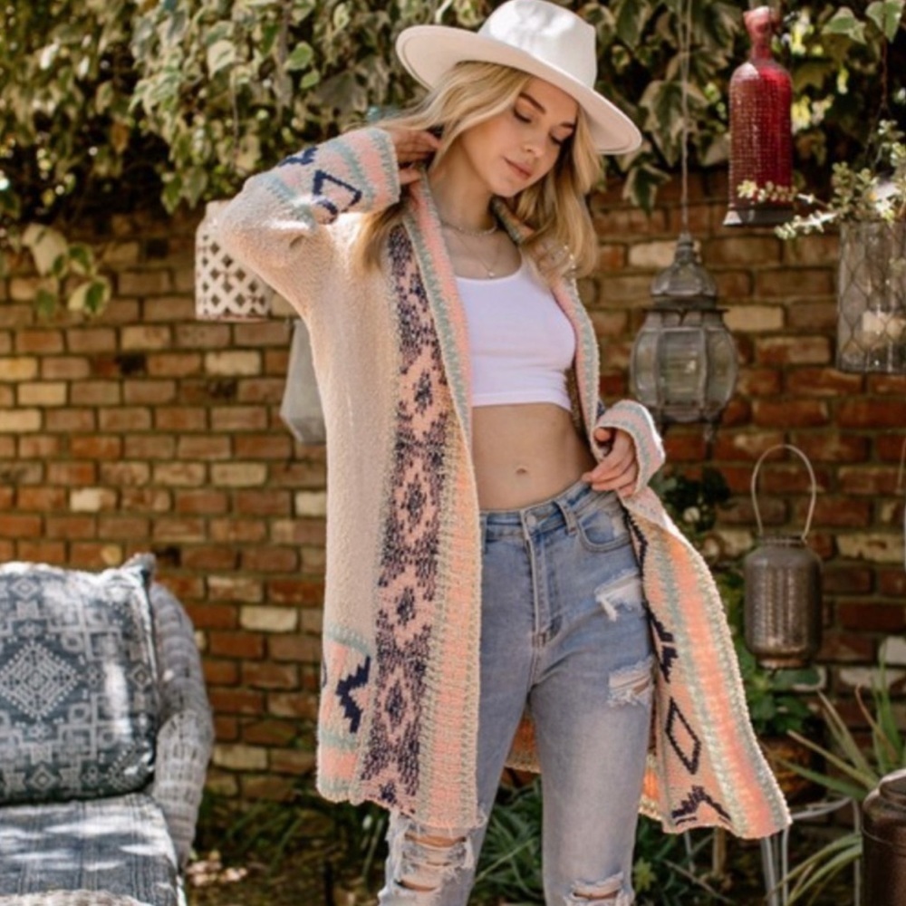 Boho Aztec Inspired Print Open Cardigan